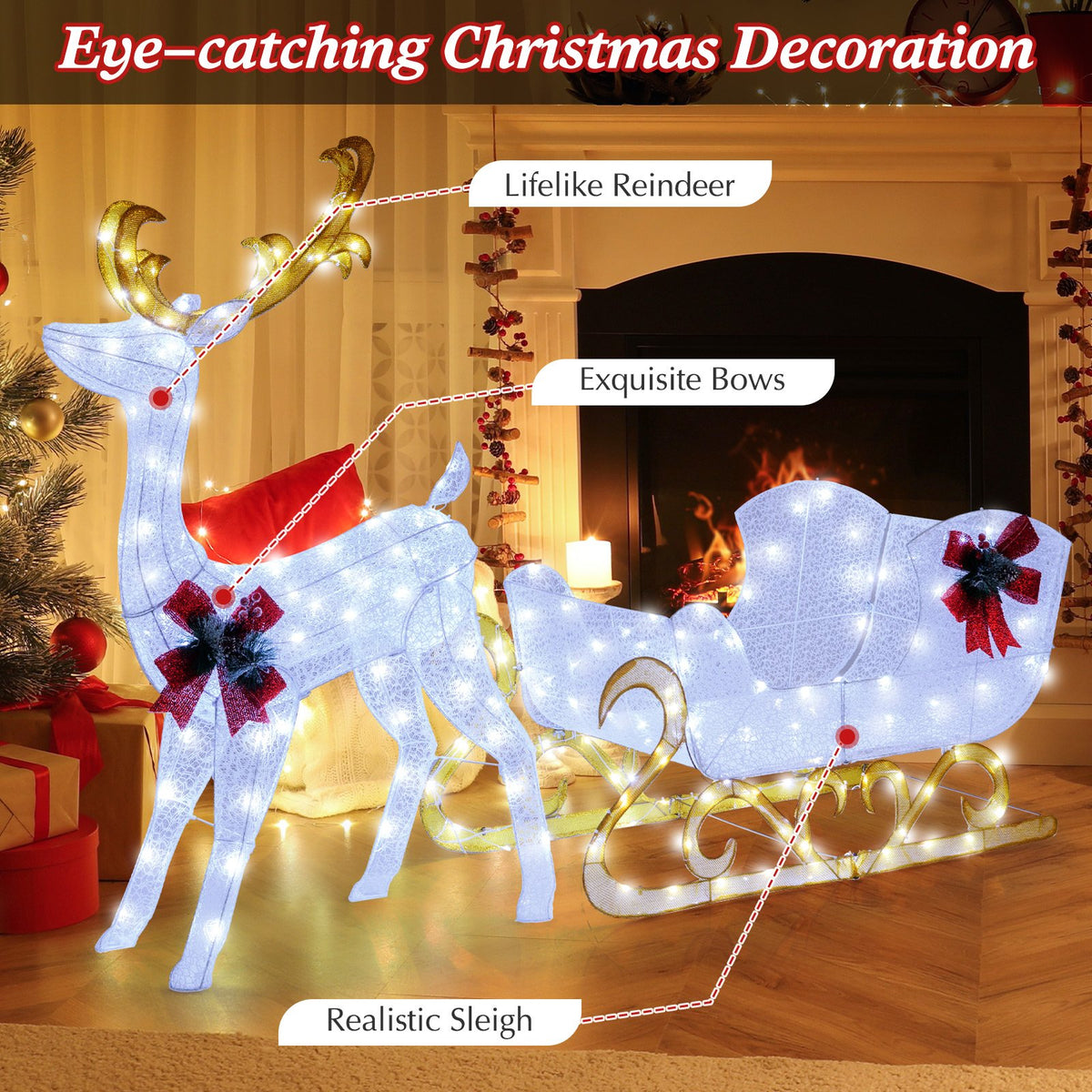 6 Feet Christmas Lighted Reindeer and Santa's Sleigh Decoration with 4 Stakes-White view 4