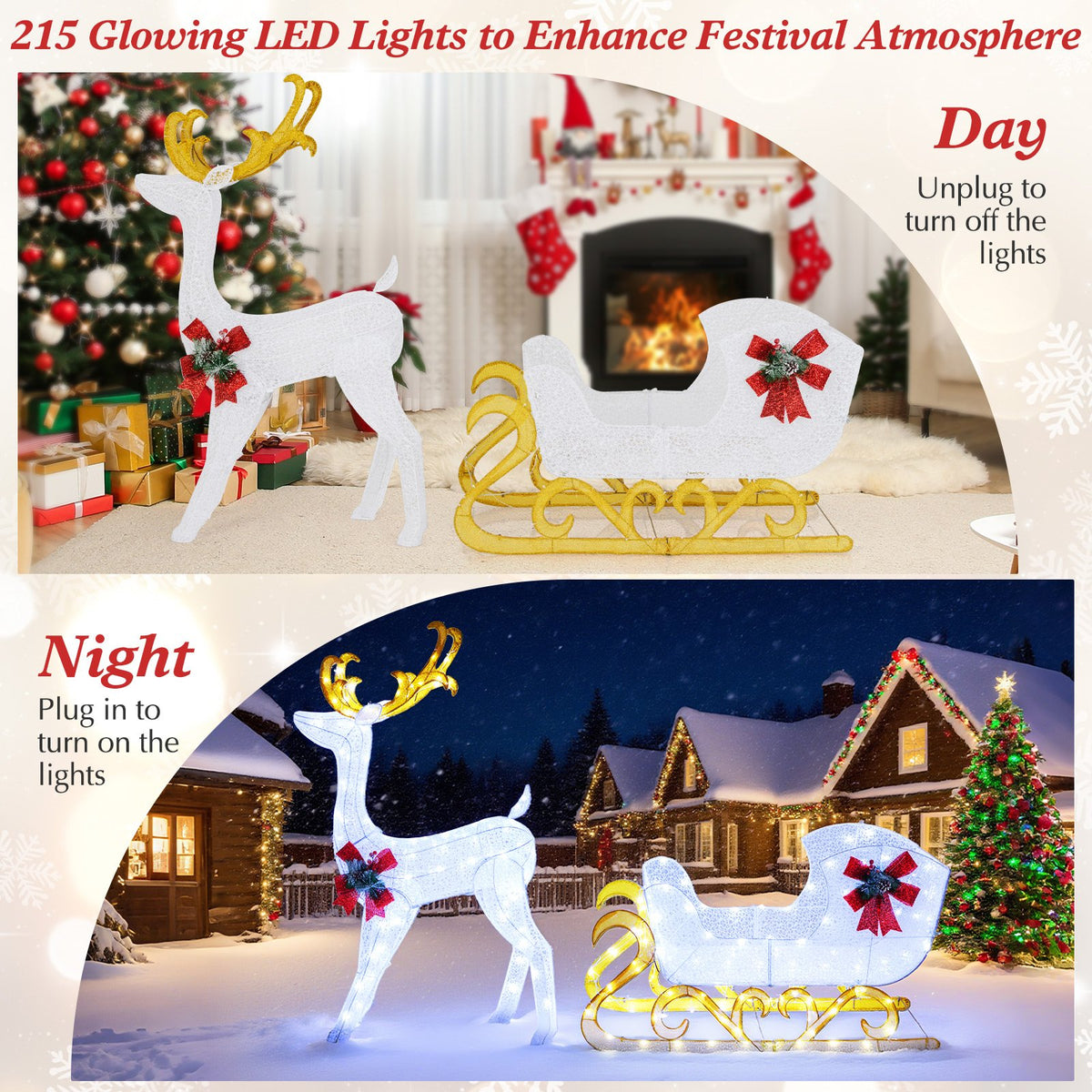 6 Feet Christmas Lighted Reindeer and Santa's Sleigh Decoration with 4 Stakes-White view 5