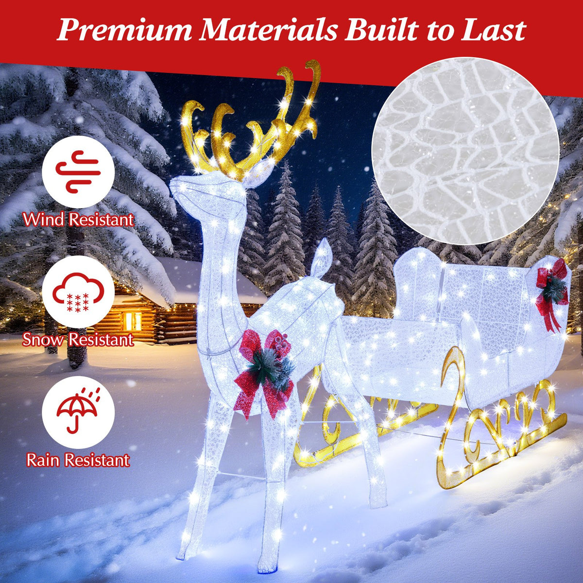 6 Feet Christmas Lighted Reindeer and Santa's Sleigh Decoration with 4 Stakes-White view 6