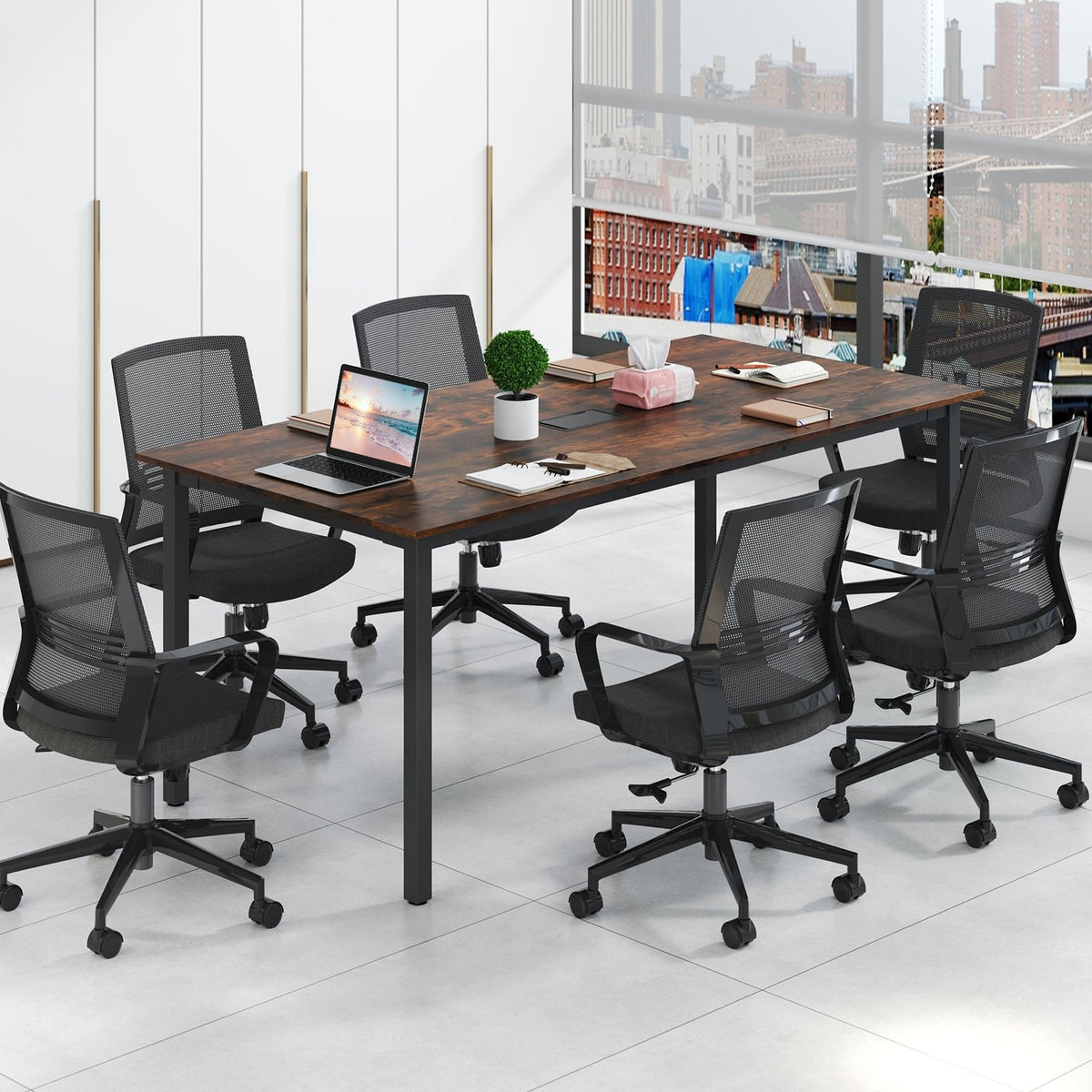 6 Feet Conference Room Table Large Meeting Table Rectangle Seats 8-10 People-Rustic Brown view 2