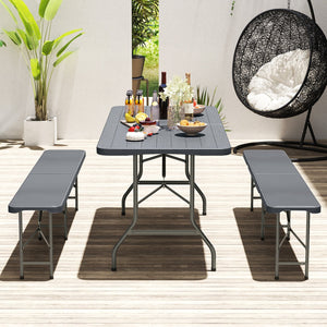 6 Feet Folding Table with Wood Grain HDPE Tabletop and Safe Lock Mechanism-Gray view 2