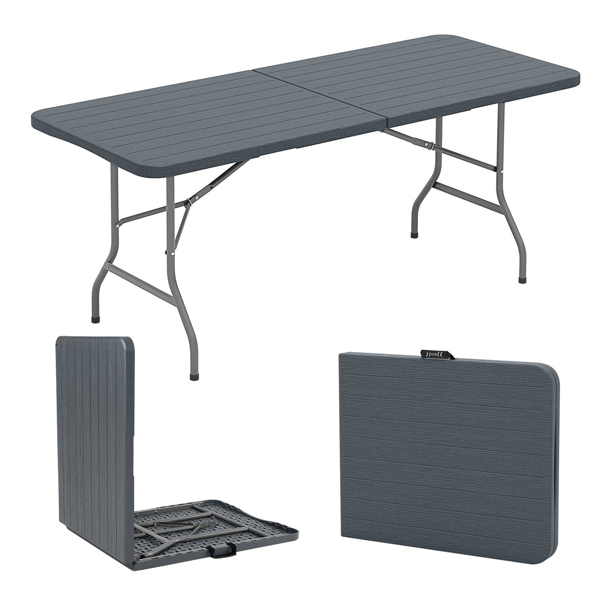 6 Feet Folding Table with Wood Grain HDPE Tabletop and Safe Lock Mechanism-Gray view 4