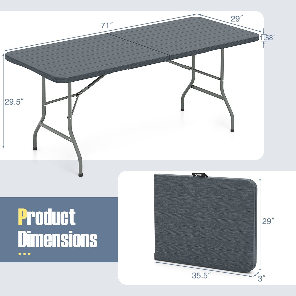 6 Feet Folding Table with Wood Grain HDPE Tabletop and Safe Lock Mechanism-Gray view 5