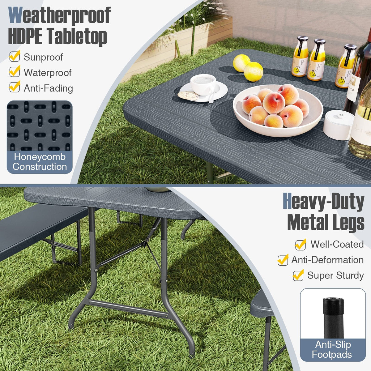 6 Feet Folding Table with Wood Grain HDPE Tabletop and Safe Lock Mechanism-Gray view 7