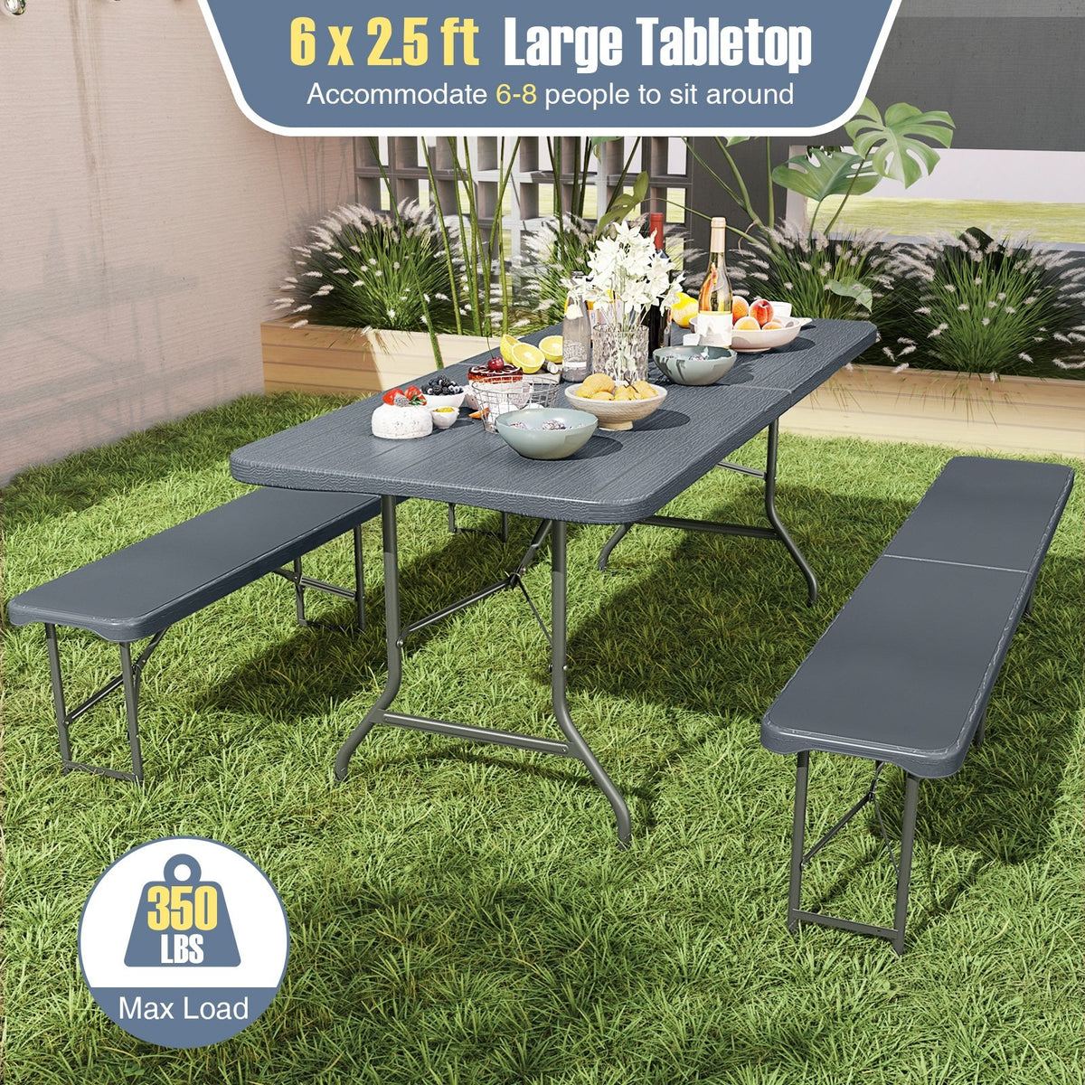 6 Feet Folding Table with Wood Grain HDPE Tabletop and Safe Lock Mechanism-Gray view 8