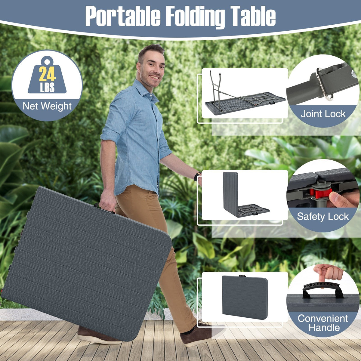 6 Feet Folding Table with Wood Grain HDPE Tabletop and Safe Lock Mechanism-Gray view 9