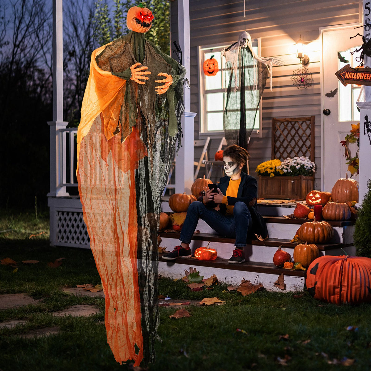6 Feet Hanging Pumpkin Ghost with Red Glowing Eyes and Bendable Arms view 2