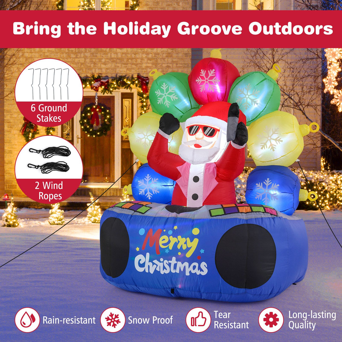 6 Feet Inflatable DJ Santa with Rotating Music Light and Flashing LEDs view 9