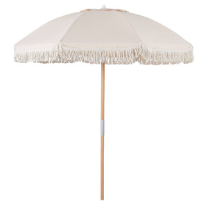 6 Feet Patio Umbrella with Fringe with Push Button Tilt and Wood Pole-Beige