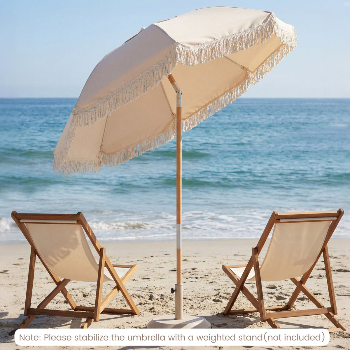 6 Feet Patio Umbrella with Fringe with Push Button Tilt and Wood Pole-Beige view 2