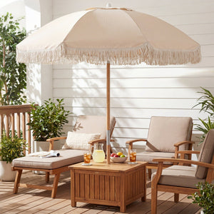 6 Feet Patio Umbrella with Fringe with Push Button Tilt and Wood Pole-Beige view 3