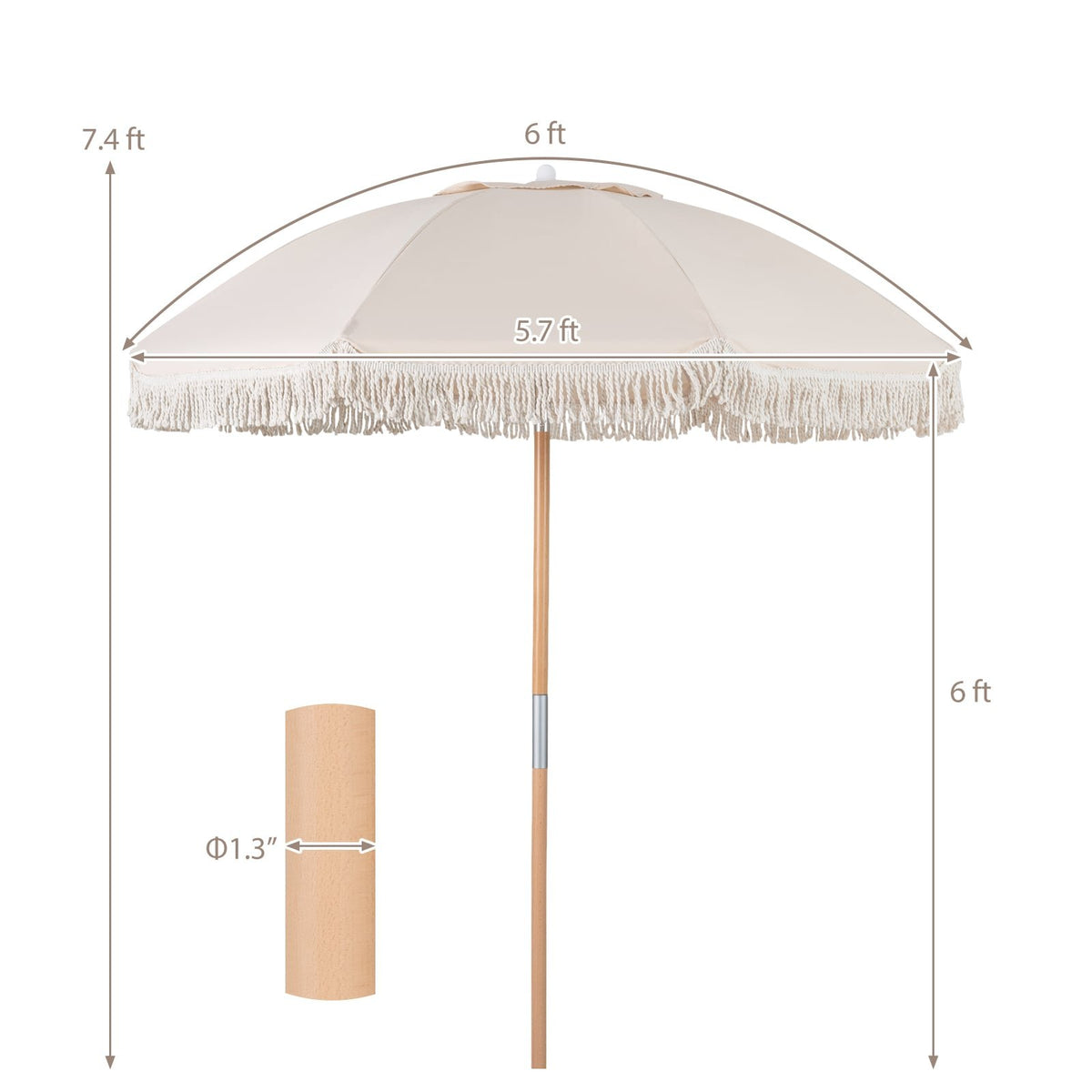 6 Feet Patio Umbrella with Fringe with Push Button Tilt and Wood Pole-Beige view 5