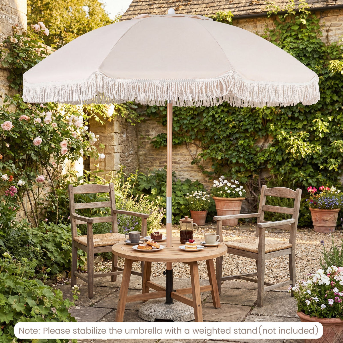 6 Feet Patio Umbrella with Fringe with Push Button Tilt and Wood Pole-Beige view 6