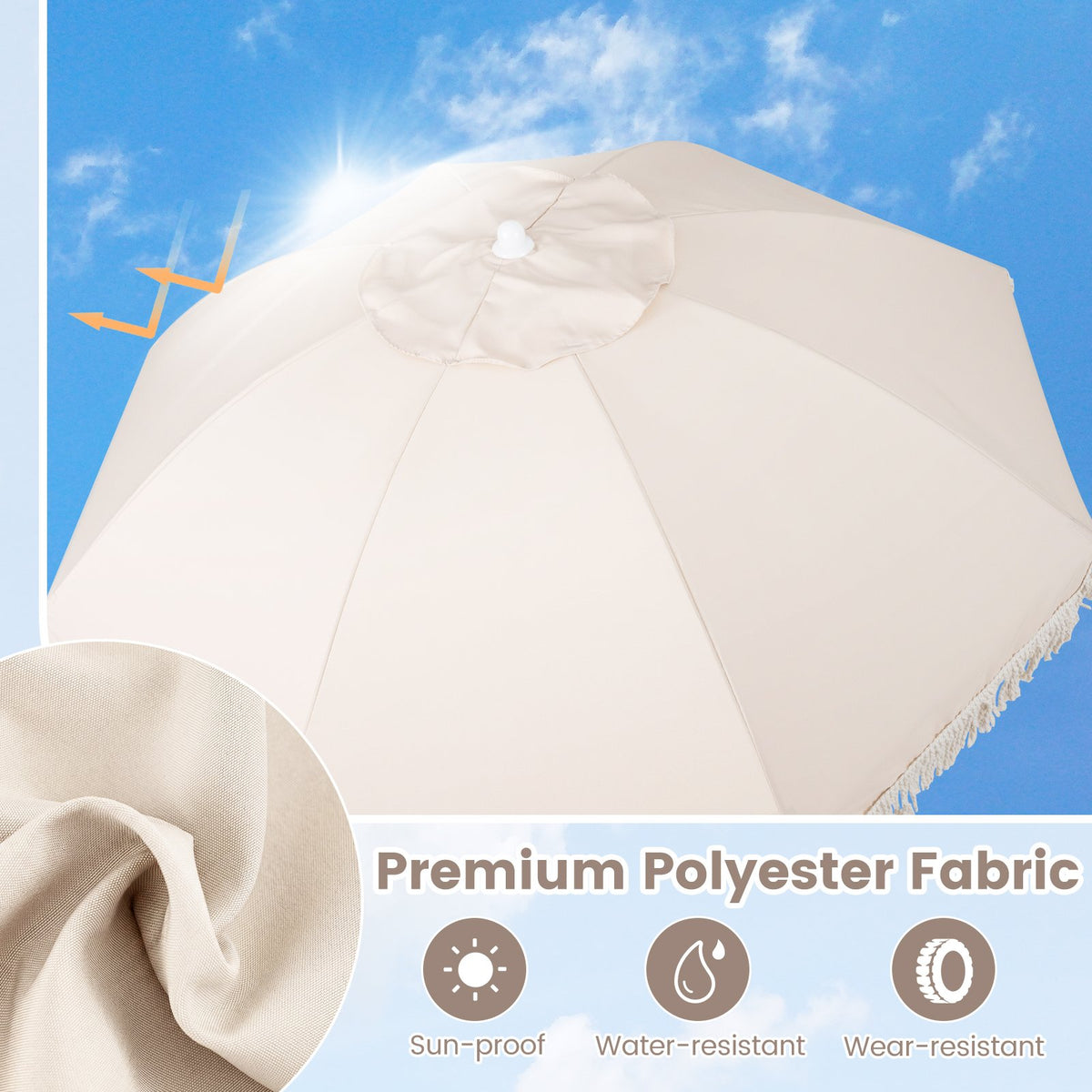 6 Feet Patio Umbrella with Fringe with Push Button Tilt and Wood Pole-Beige view 7