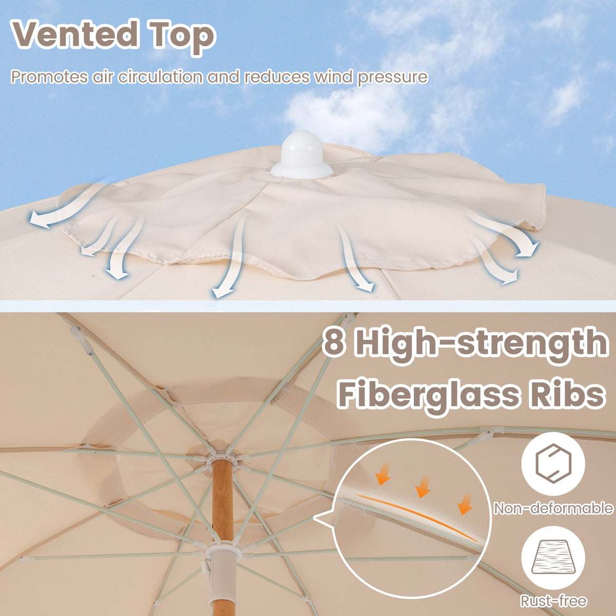 6 Feet Patio Umbrella with Fringe with Push Button Tilt and Wood Pole-Beige view 8