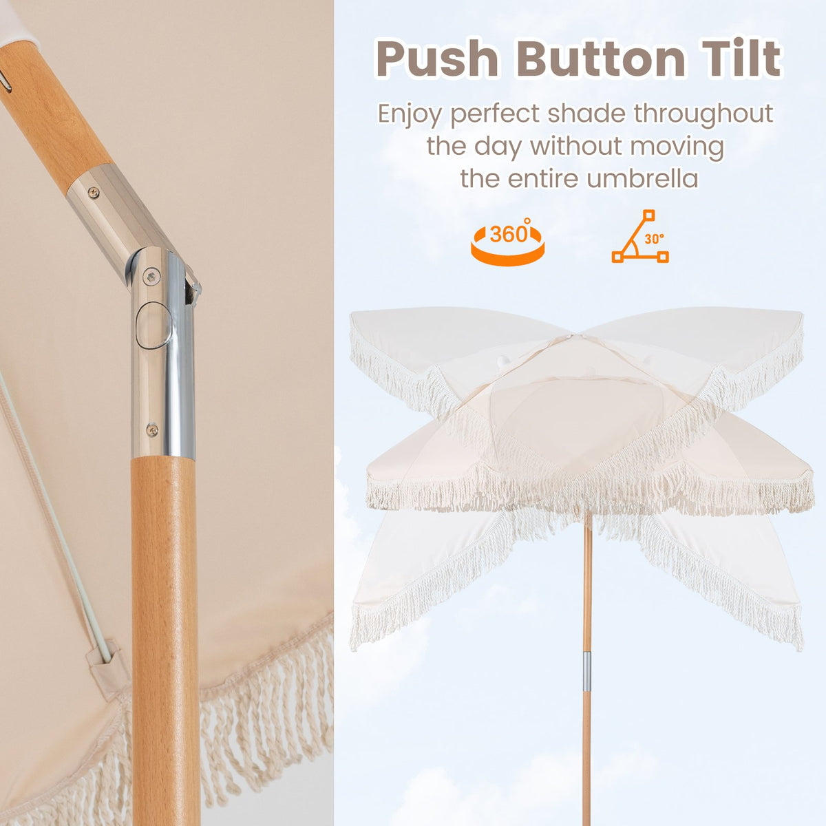 6 Feet Patio Umbrella with Fringe with Push Button Tilt and Wood Pole-Beige view 9