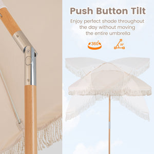 6 Feet Patio Umbrella with Fringe with Push Button Tilt and Wood Pole-Beige view 9