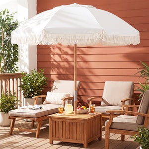 6 Feet Patio Umbrella with Fringe with Push Button Tilt and Wood Pole-White color view 2