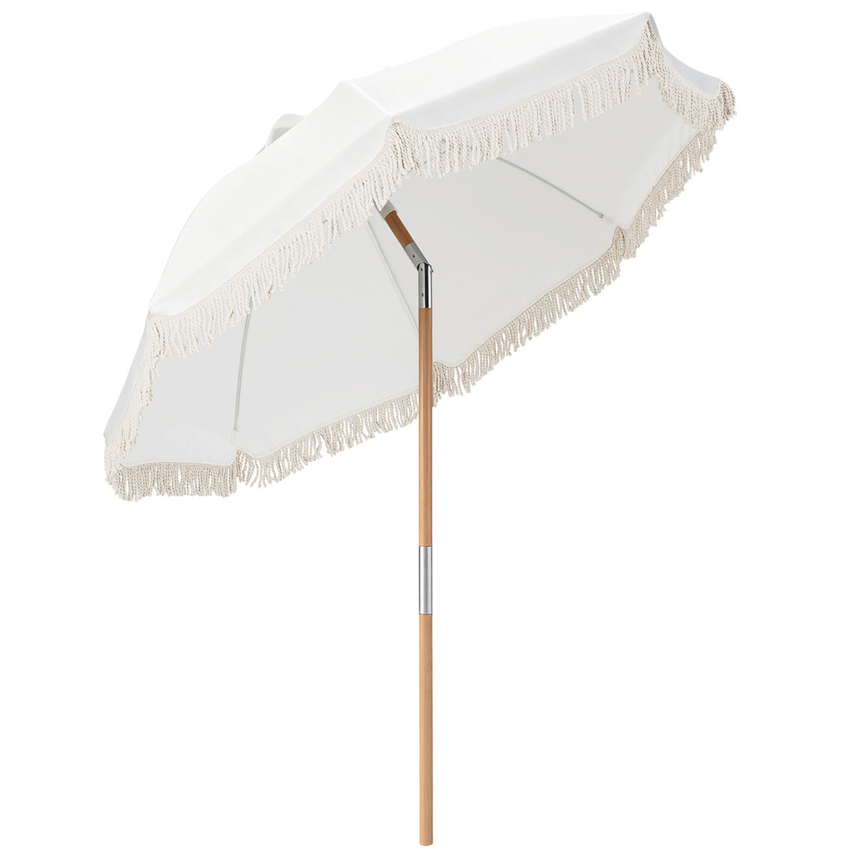 6 Feet Patio Umbrella with Fringe with Push Button Tilt and Wood Pole-White color view 4