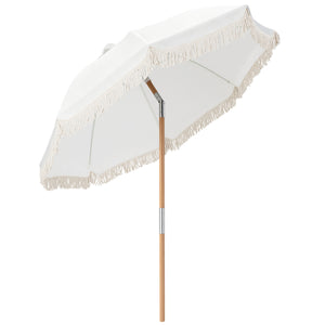 6 Feet Patio Umbrella with Fringe with Push Button Tilt and Wood Pole-White color view 4