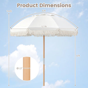 6 Feet Patio Umbrella with Fringe with Push Button Tilt and Wood Pole-White color view 5