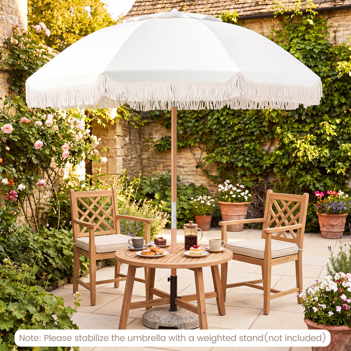 6 Feet Patio Umbrella with Fringe with Push Button Tilt and Wood Pole-White color view 6