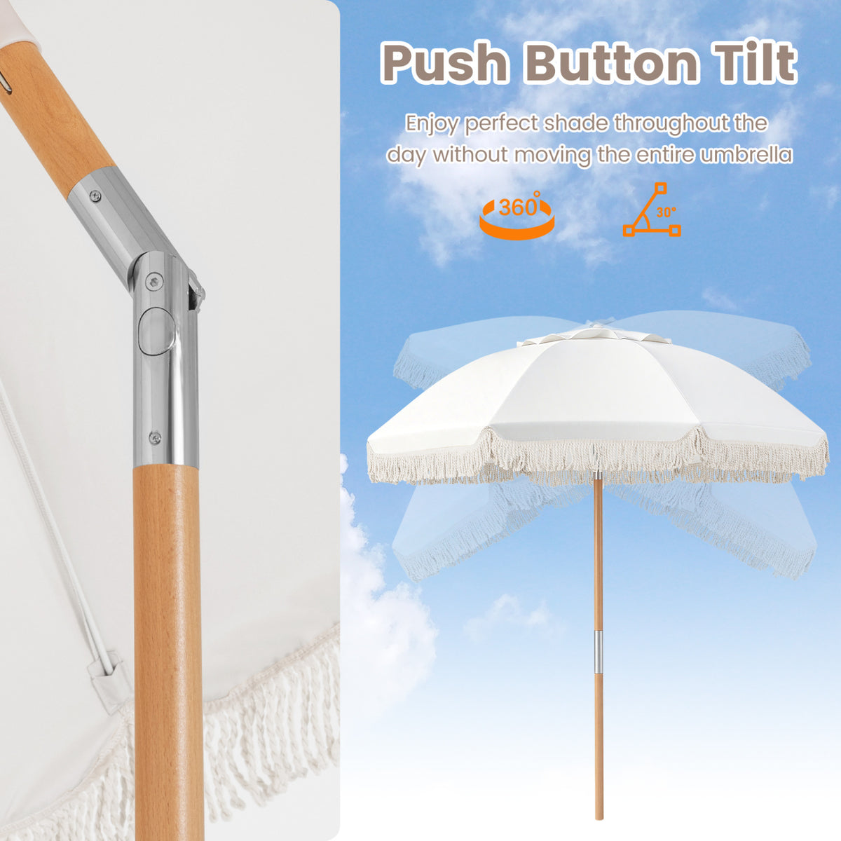 6 Feet Patio Umbrella with Fringe with Push Button Tilt and Wood Pole-White color view 8