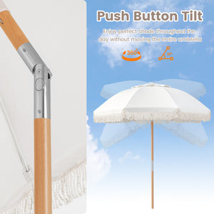 6 Feet Patio Umbrella with Fringe with Push Button Tilt and Wood Pole-White color view 8