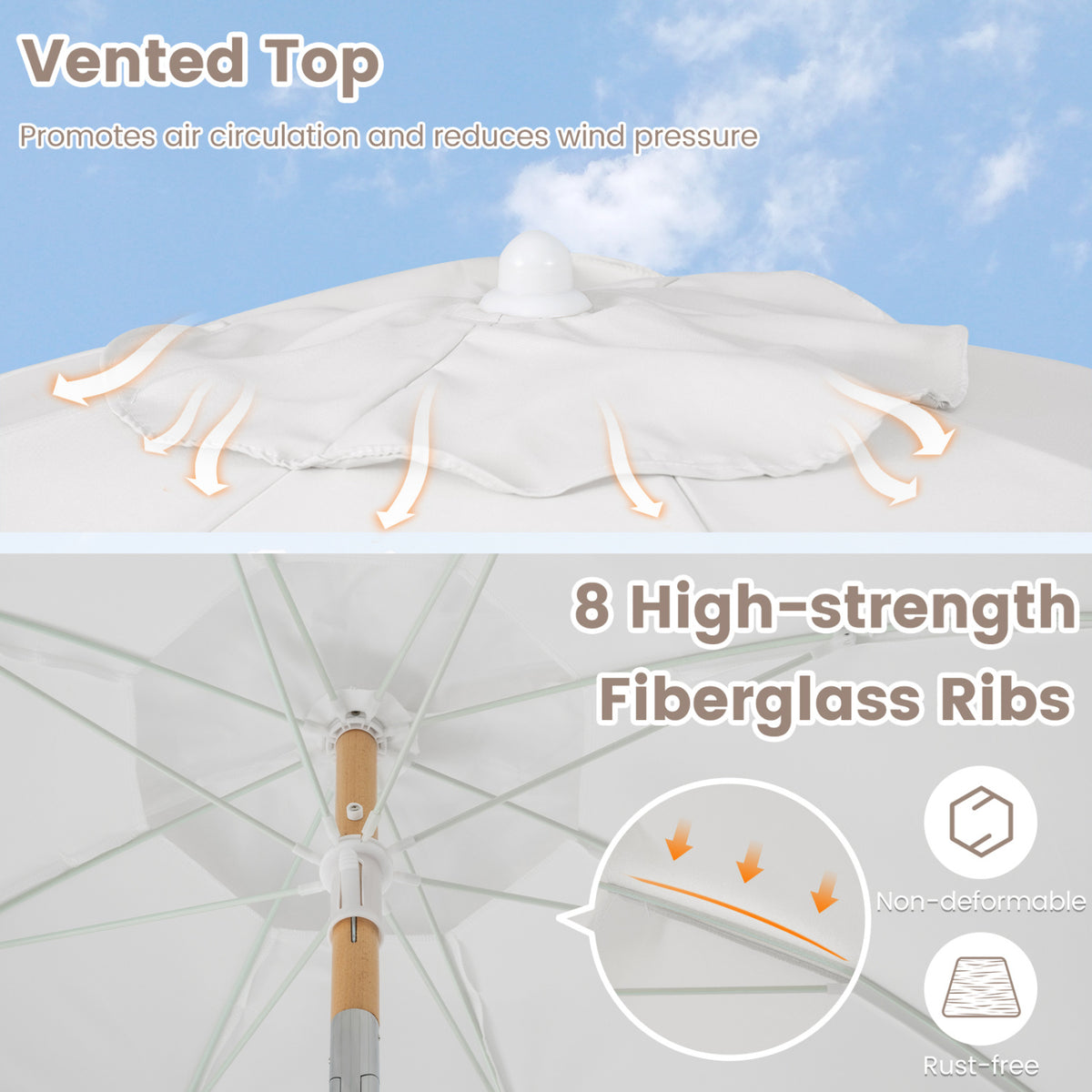 6 Feet Patio Umbrella with Fringe with Push Button Tilt and Wood Pole-White color view 9