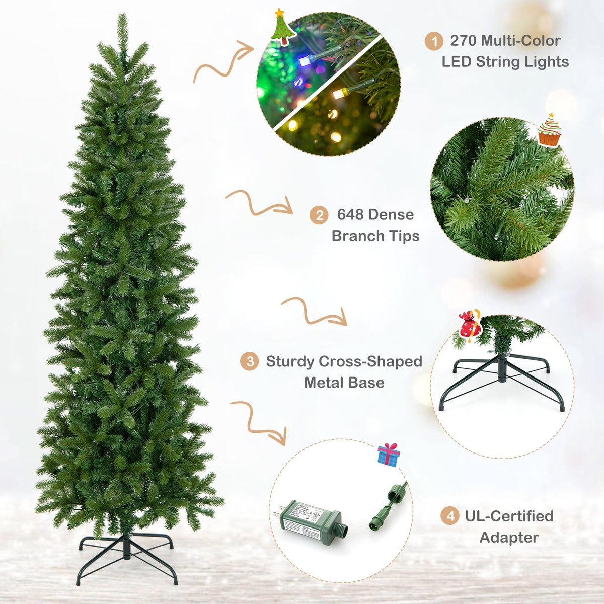 6 Feet Pre-Lit Artificial Christmas Tree with 648 PVC PE Branch Tips view 9