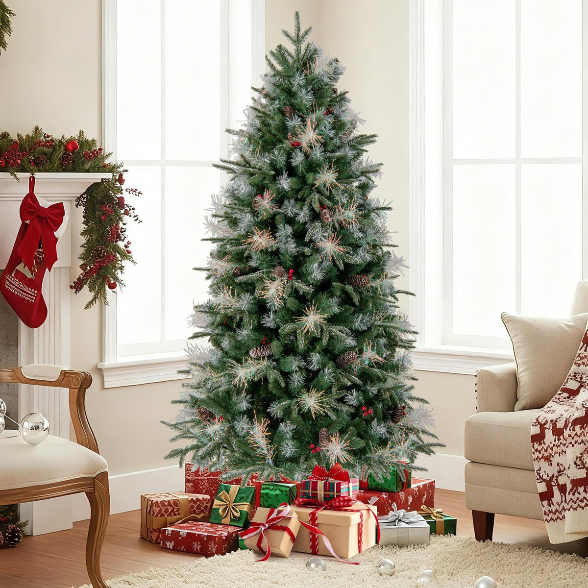 6 Feet Pre-Lit Artificial Christmas Tree with 8 Modes LED Lights with Berries view 3