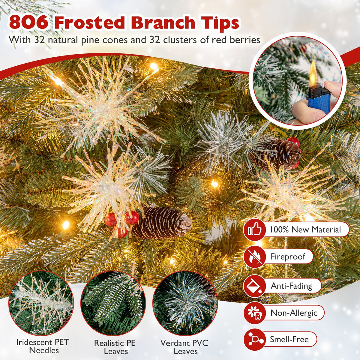 6 Feet Pre-Lit Artificial Christmas Tree with 8 Modes LED Lights with Berries view 7
