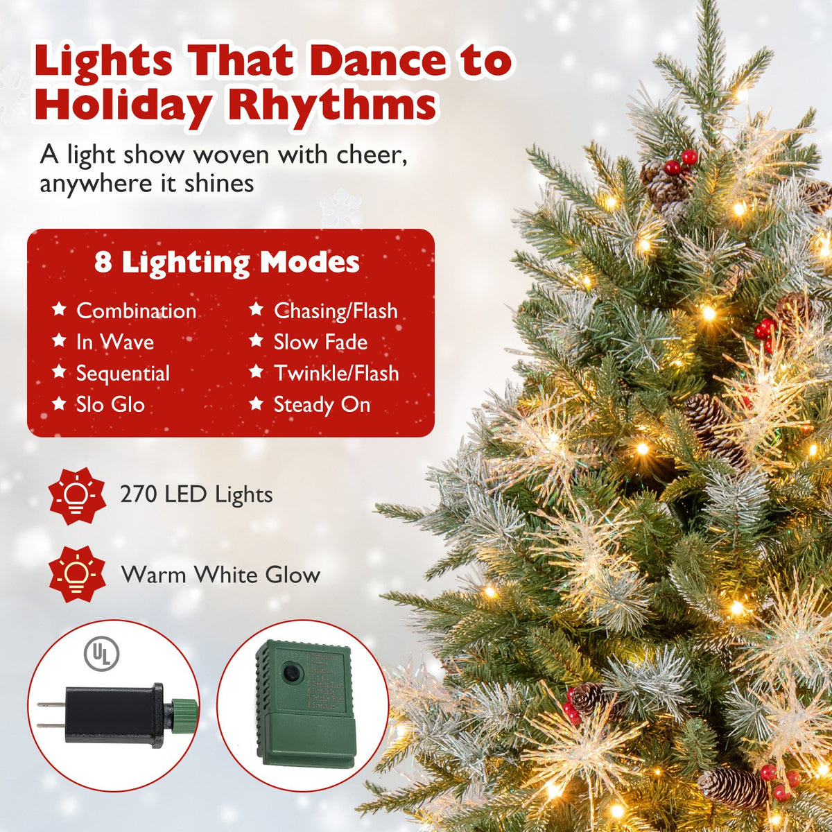6 Feet Pre-Lit Artificial Christmas Tree with 8 Modes LED Lights with Berries view 8