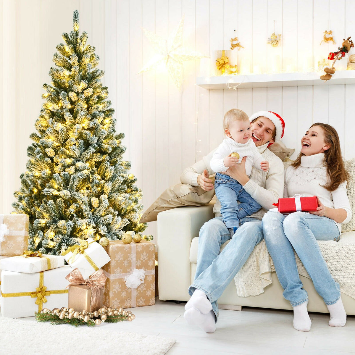 6 Feet Pre-lit Snow Flocked Hinged Christmas Tree with 928 Tips and Metal Stand-6 ft view 2