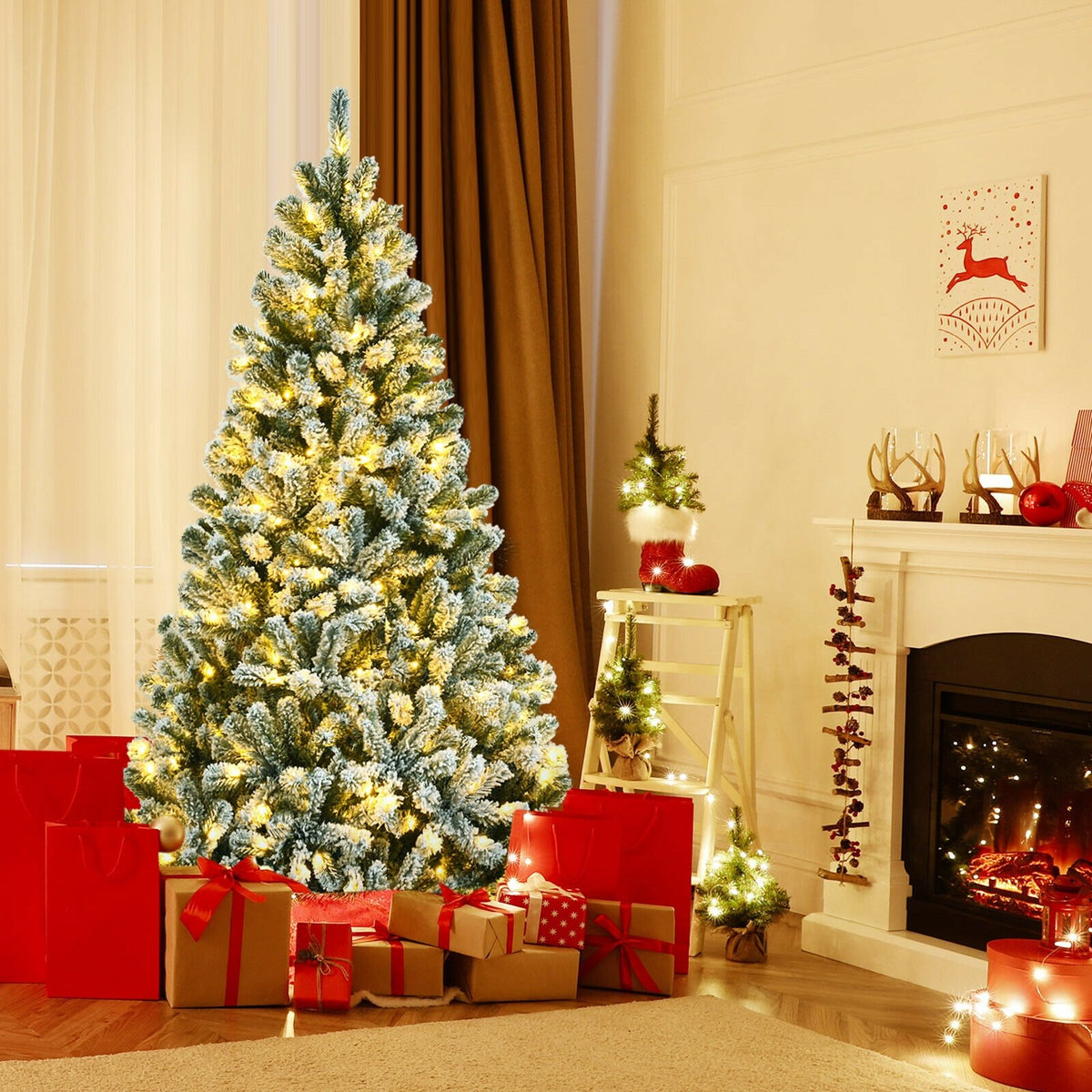 6 Feet Pre-lit Snow Flocked Hinged Christmas Tree with 928 Tips and Metal Stand-6 ft view 7