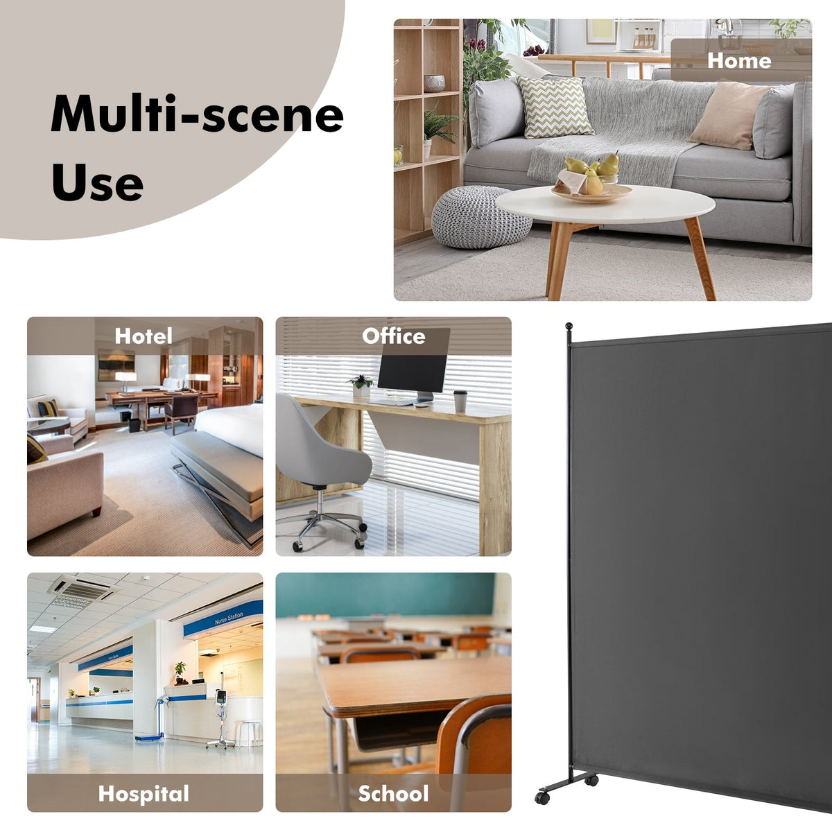 6 Feet Single Panel Rolling Room Divider with Smooth Wheels-Dark Gray view 6