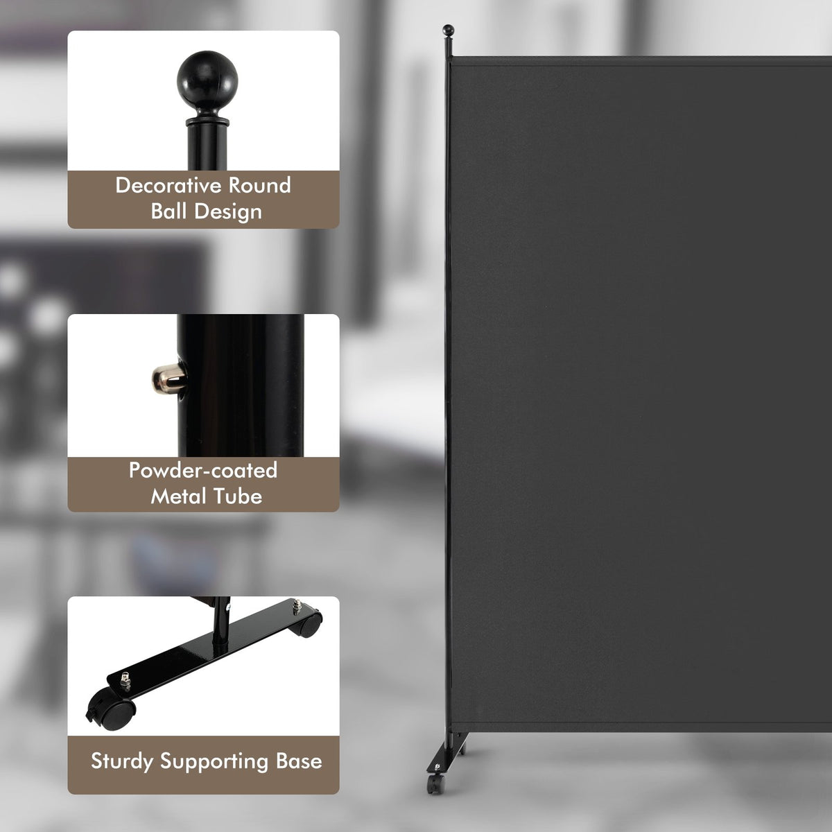 6 Feet Single Panel Rolling Room Divider with Smooth Wheels-Dark Gray view 7