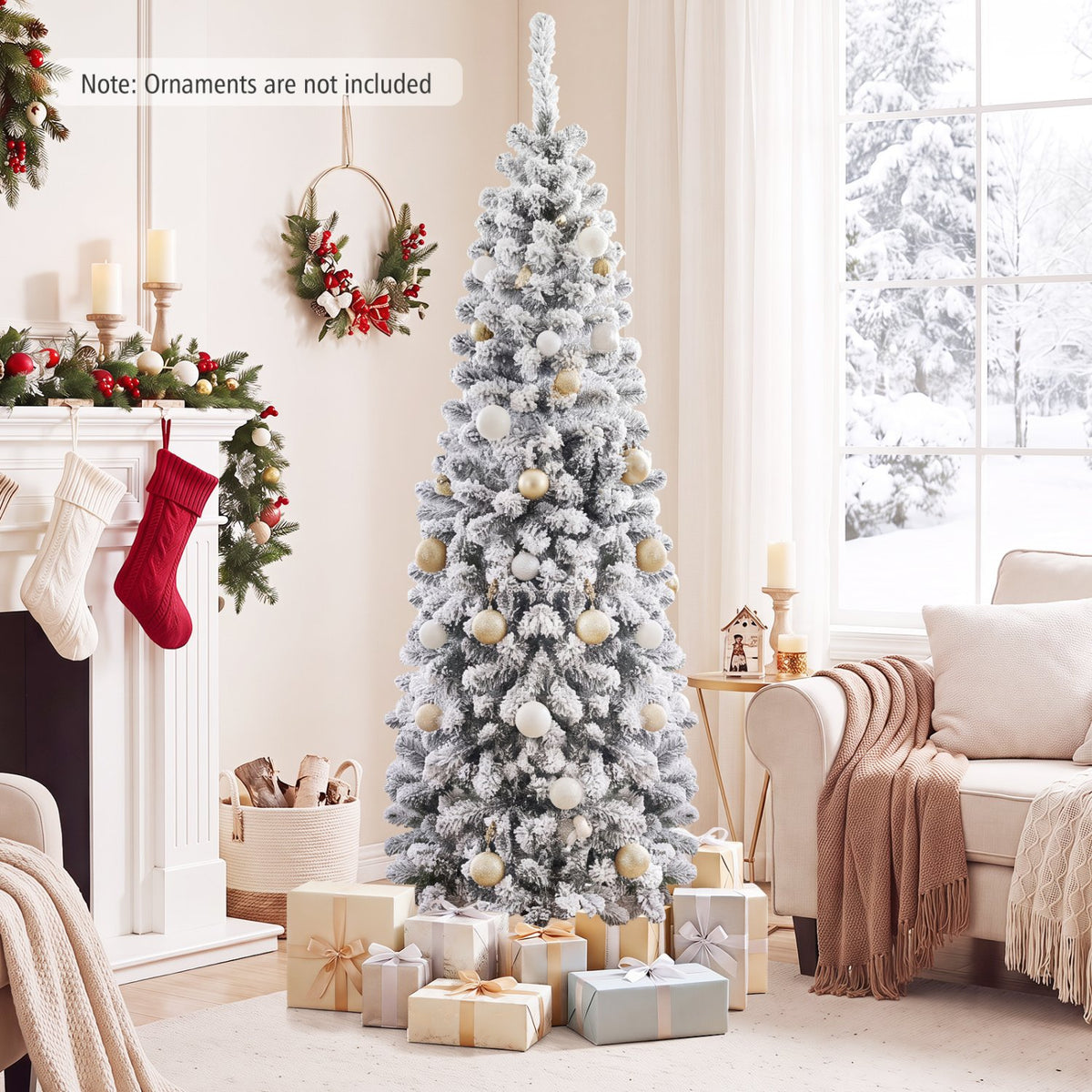 6 Feet Unlit Hinged Snow Flocked Artificial Pencil Christmas Tree with 500 Branch Tip view 2