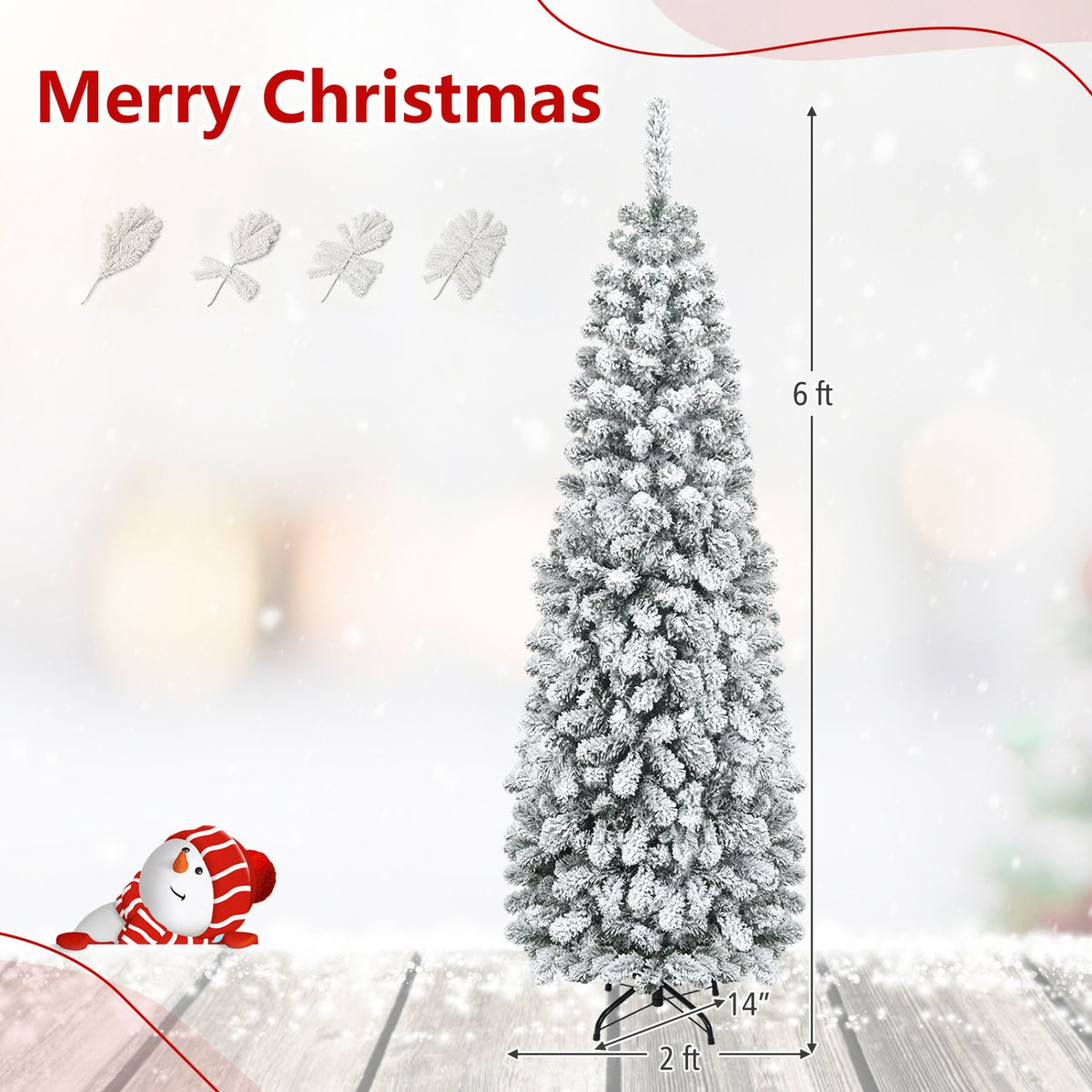 6 Feet Unlit Hinged Snow Flocked Artificial Pencil Christmas Tree with 500 Branch Tip view 4