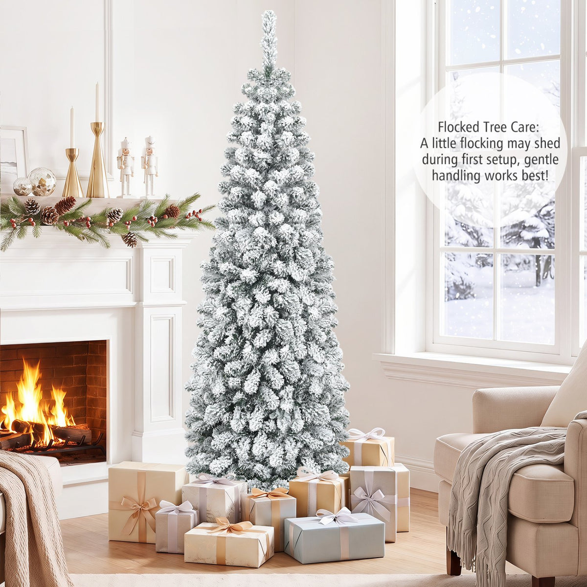 6 Feet Unlit Hinged Snow Flocked Artificial Pencil Christmas Tree with 500 Branch Tip view 5