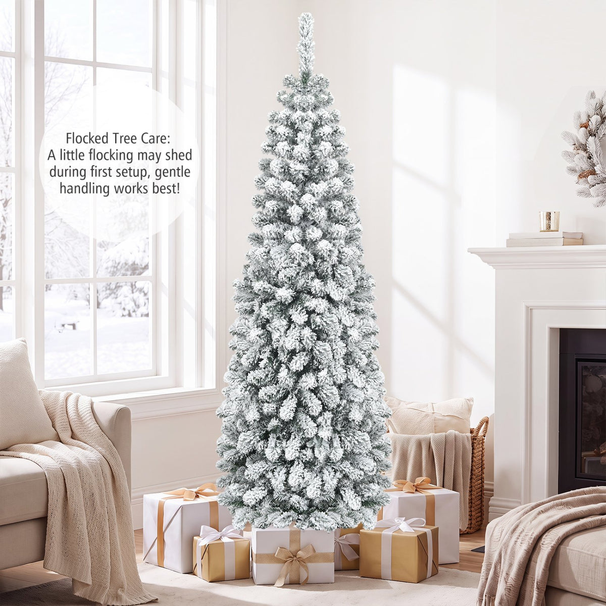 6 Feet Unlit Hinged Snow Flocked Artificial Pencil Christmas Tree with 500 Branch Tip view 6