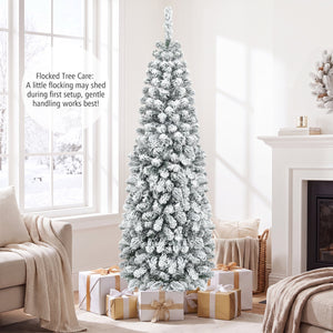 6 Feet Unlit Hinged Snow Flocked Artificial Pencil Christmas Tree with 500 Branch Tip view 6