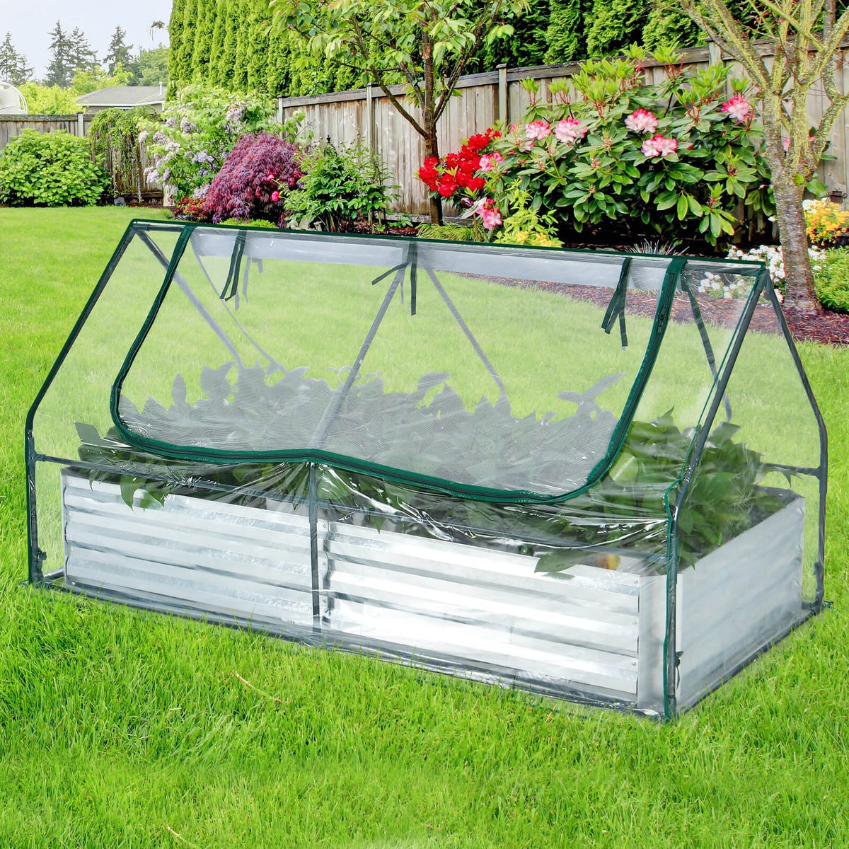 6 x 3 x 3 Feet Galvanized Raised Garden Bed with Greenhouse-Silver view 2