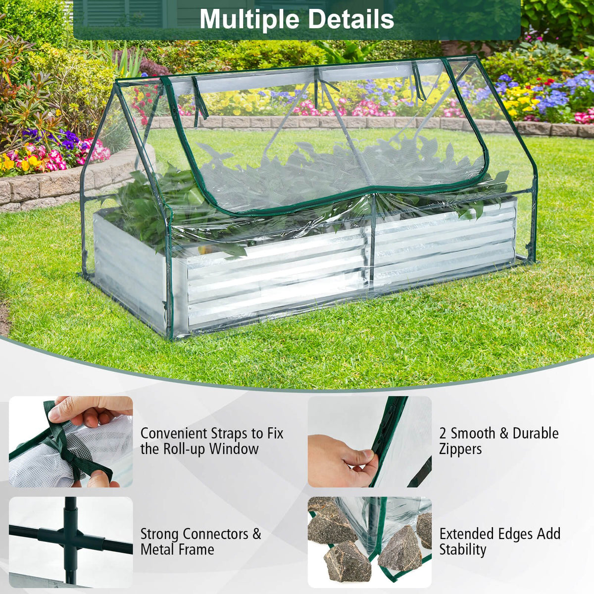 6 x 3 x 3 Feet Galvanized Raised Garden Bed with Greenhouse-Silver view 7