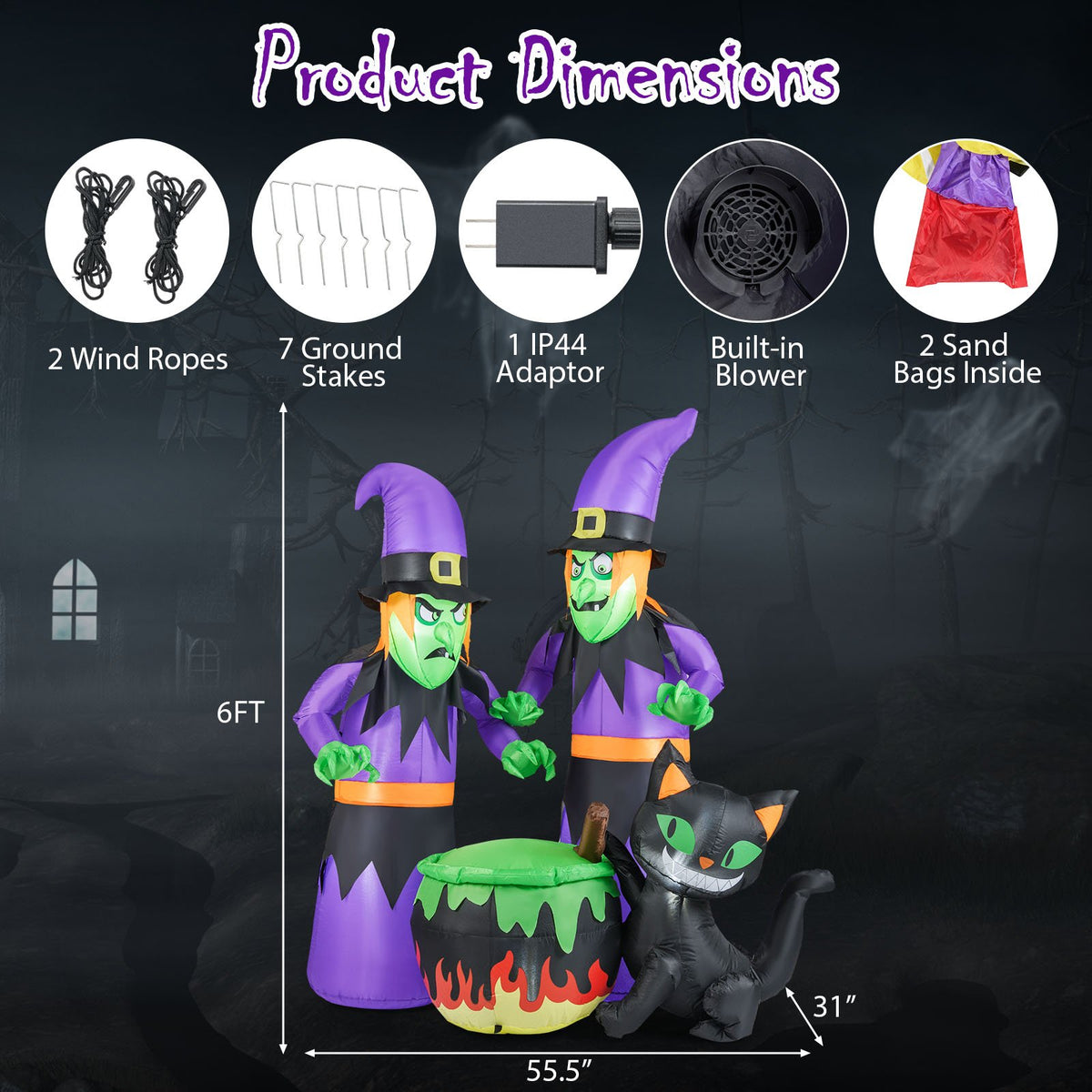 6 Ft Inflatable Halloween Witches with Cauldron & Black Cat view 4