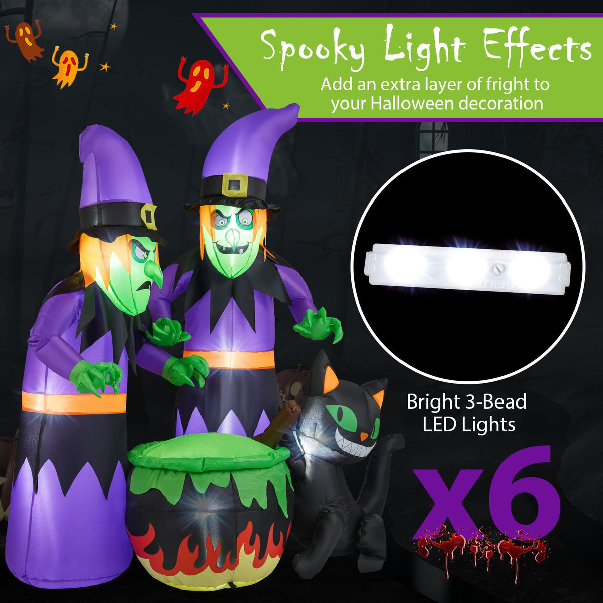 6 Ft Inflatable Halloween Witches with Cauldron & Black Cat view 7
