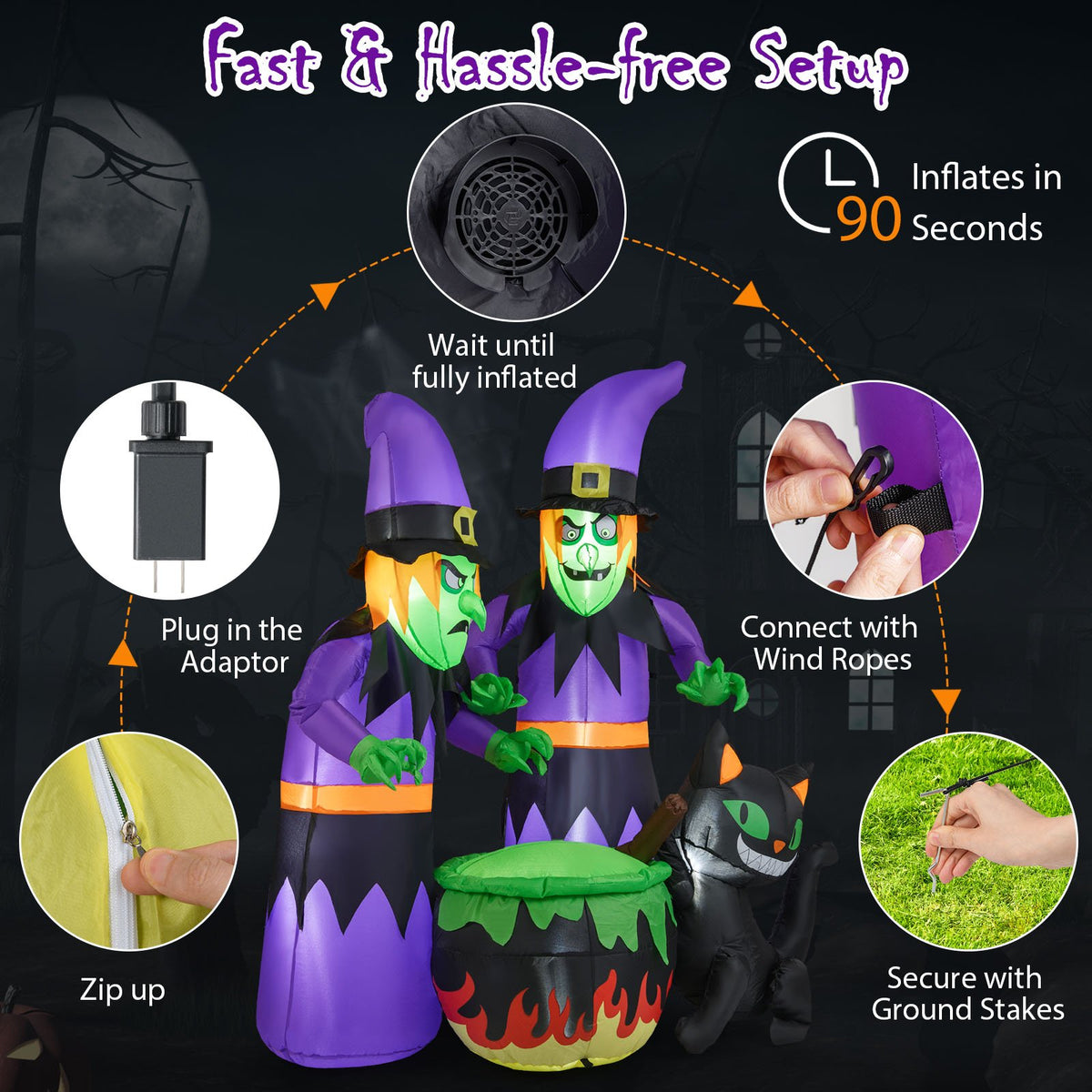 6 Ft Inflatable Halloween Witches with Cauldron & Black Cat view 9