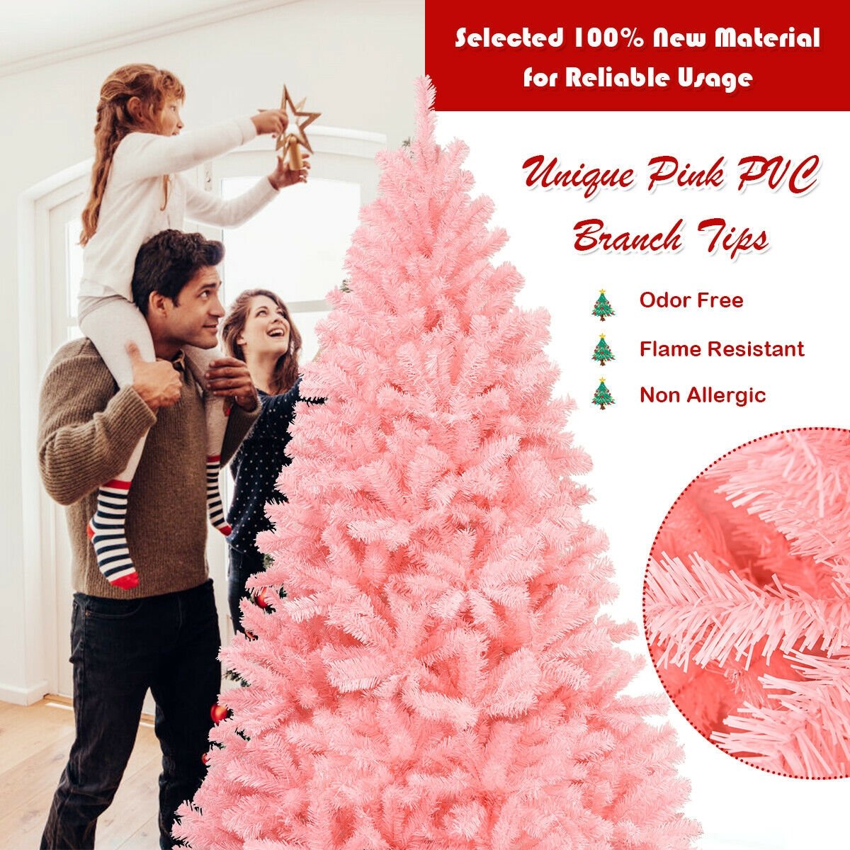 6 Feet Pink Artificial Hinged Spruce Full Christmas Tree with Foldable Metal Stand view 3