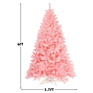6 Feet Pink Artificial Hinged Spruce Full Christmas Tree with Foldable Metal Stand view 4