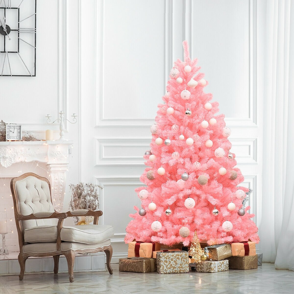 6 Feet Pink Artificial Hinged Spruce Full Christmas Tree with Foldable Metal Stand view 6